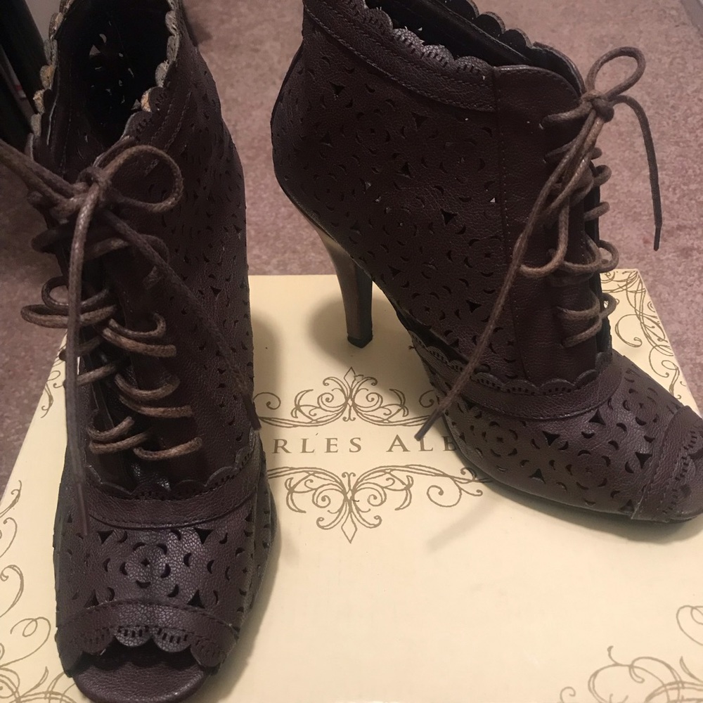 Brown laser cut ankle booties peep toe